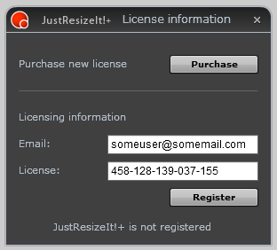 Screenshot license dialog JustResizeIt!+